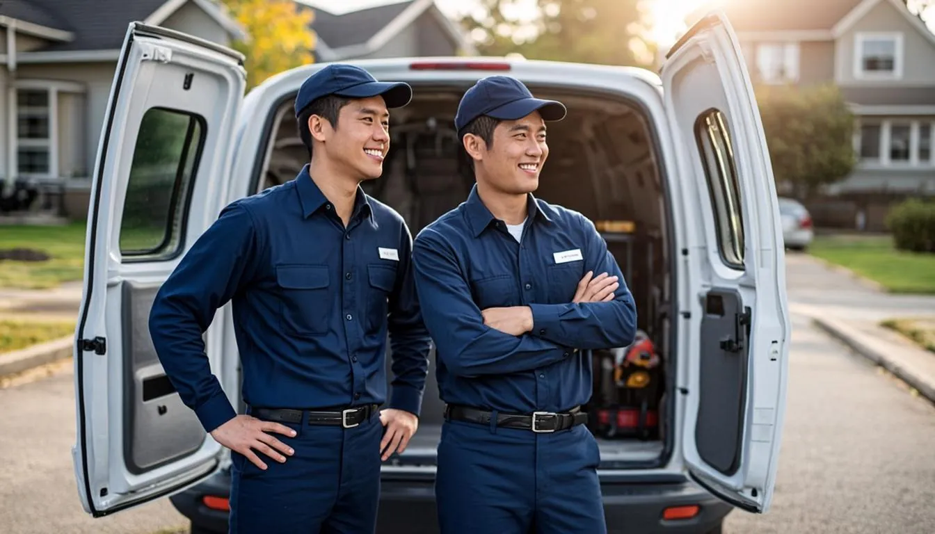 Two Diamond Bar Plumbing Pros technicians beside their organized service van