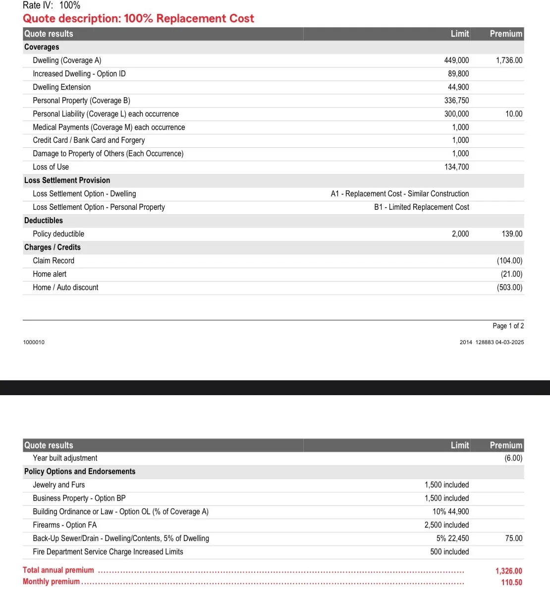 Insurance paperwork for a slab leak claim in California