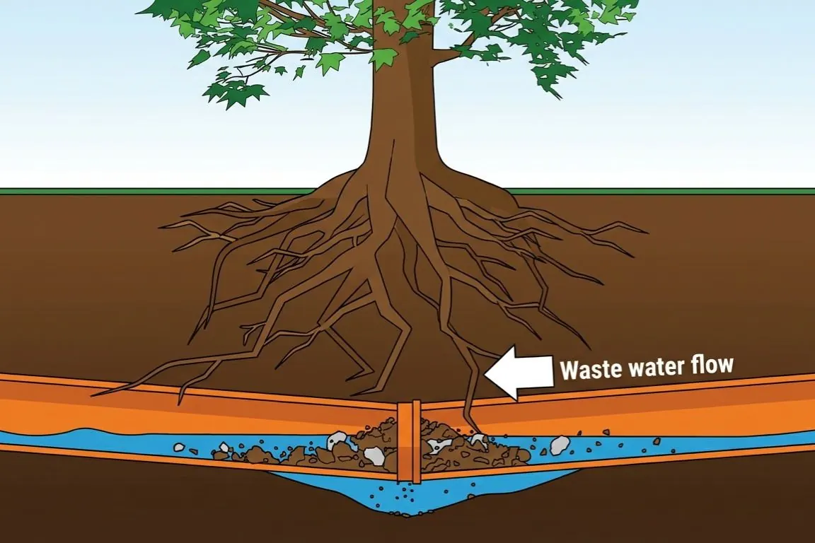 Tree roots in a sewer line on camera