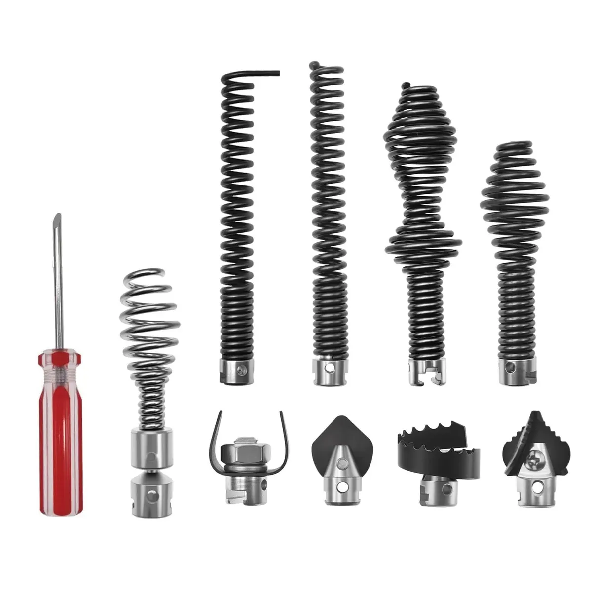 Drain cleaning cable and hydro-jetting nozzle tools compared on a workbench
