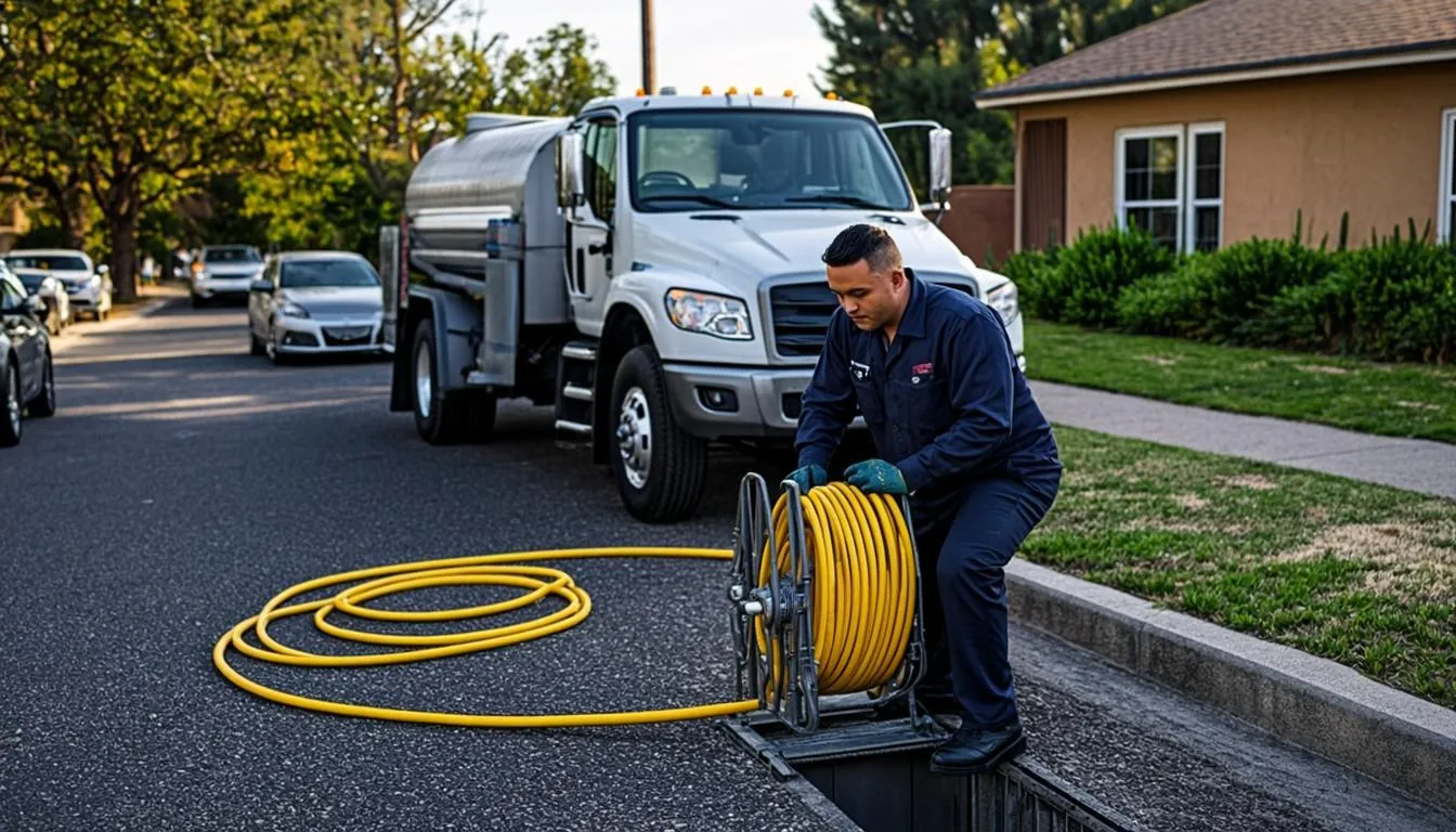 Hydro-jetting truck and pressure hose clearing a residential drain line in Diamond Bar