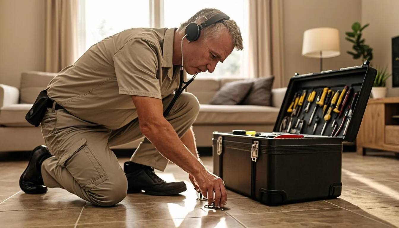 Technician performing acoustic slab leak detection on the floor of a Diamond Bar home