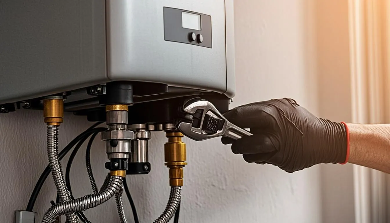 Wall-mounted tankless water heater being installed on a garage wall in Diamond Bar