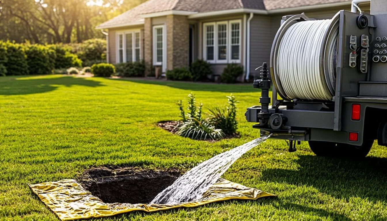 Trenchless sewer liner equipment set up on a protected Diamond Bar front lawn
