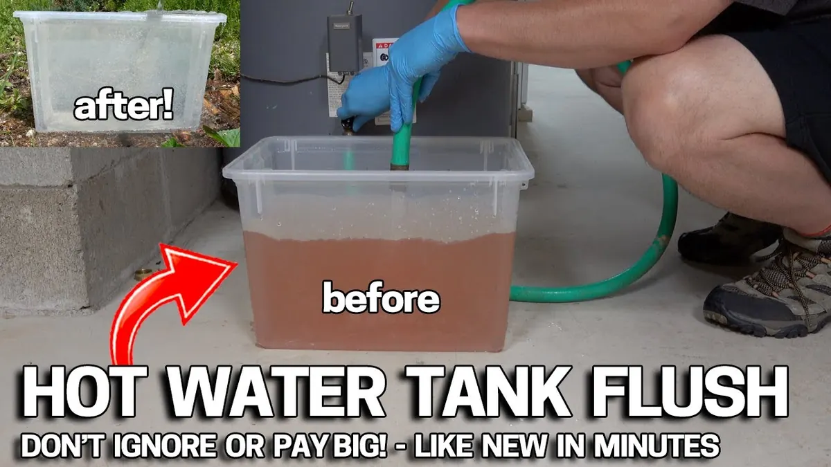 Technician flushing sediment from a water heater tank during annual maintenance